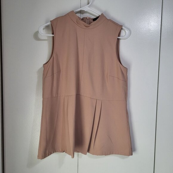 Ann Taylor Sleeveless Mock Neck Tank Blouse with Pleats SZ Small Pinkish Beige - Picture 2 of 10